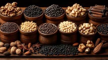 Fototapeta premium Assortment of spices and nuts in wooden bowls.