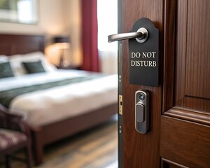 Hotel room door with do not disturb sign hanging for privacy and relaxation during vacation stay