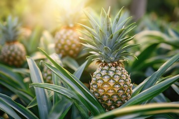 Fototapeta premium Lush Pineapple Plantation in Thailand: A Tropical Farming Oasis Embraced by Nature