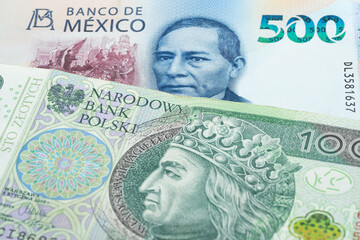 500 Mexican peso and 100 Polish zloty banknotes. International trade concept