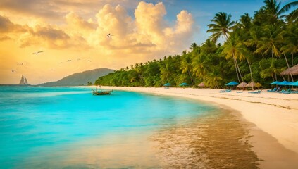 Tropical paradise, pristine sandy beach, crystal clear turquoise water, lush palm trees, golden sunset sky, dramatic clouds, sailboat on horizon, tranquil island cove, vibrant colors
