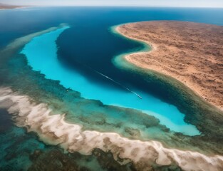 Aerial view, tropical coastline, vibrant turquoise water, curved lagoon, sandy beaches, desert landscape, coral reef, crystal clear ocean, natural beauty, bird's eye perspective