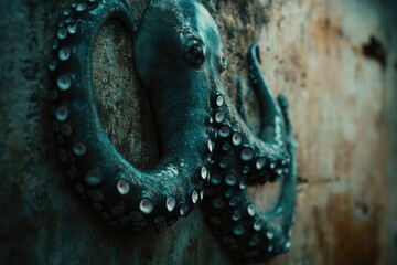 Close-up of a dark teal octopus clinging to a textured wall, showcasing its suckers and eye.