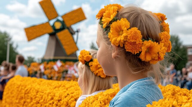 cultural celebration, happy dutch family enjoys the bloemencorso parade, children wear flower crowns and wave dutch flags as a grand floral float in the shape of a windmill passes