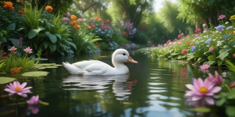 Obraz premium A white wooden duckling swims in a serene pond surrounded by lush greenery and vibrant flowers , Pond life, aquatic, nature