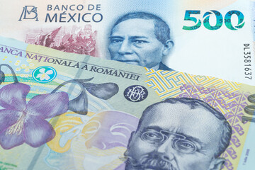 500 Mexican peso and 100 Romanian leu banknotes. International trade concept