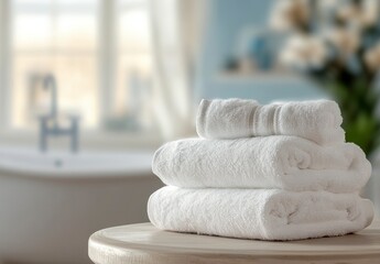 Stacked White Towels in Bright Bathroom with Bathtub and Flowers