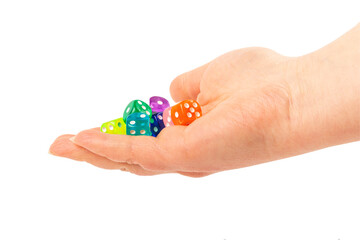 Colorful assortment of plastic dice held in an open hand during a tabletop game session
