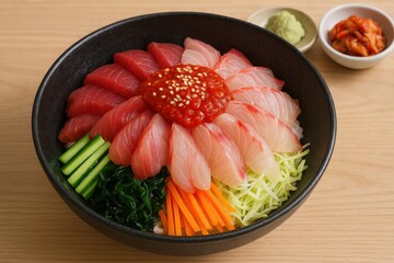 Korean Raw Fish Bibimbap Hoedeopbap (회덮밥) with Fresh Vegetables

