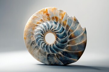 A mesmerizing nautilus shell, partially broken, showcasing intricate spiral chambers and a captivating blend of blue and gold hues.