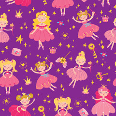 Cute pattern with magic fairy, princess accessories, stars. Vector pink seamless background.