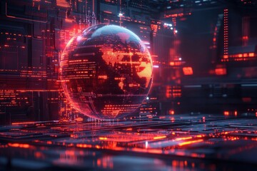 Futuristic digital globe in a glowing neon red sci-fi environment with intricate circuit patterns and dynamic lights.