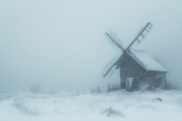 A solitary wooden windmill in a snowstorm of winter weather