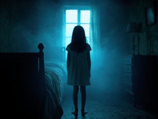 A young girl in a white nightgown stands motionless in the middle of a dark, fog-filled bedroom, staring toward a glowing blue window that casts an eerie light.	