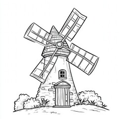 Fototapeta premium Illustration of a traditional windmill with a stone base and rotating blades surrounded by bushes.
