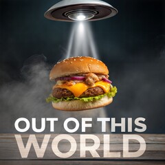 Unique and creative food advertisement featuring gourmet burger with fresh ingredients, crispy...