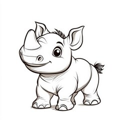 Obraz premium Adorable cartoon rhino with a playful smile drawn in a clean, black and white style.