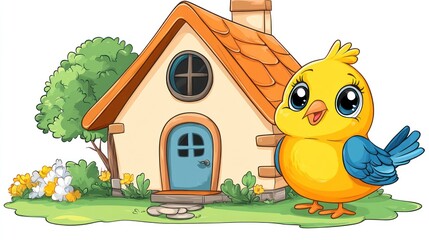 Cute bird near a small house