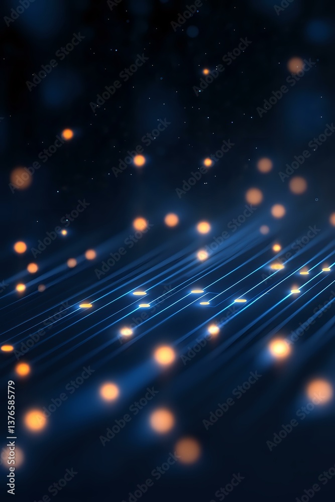 Poster abstract glowing orange particles floating over illuminated blue parallel lines creating futuristic 