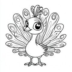 Fototapeta premium Cartoon peacock with elaborate feathers and big eyes, line art illustration.