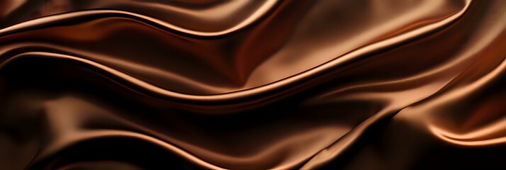Fototapeta premium Luxurious flowing waves of smooth chocolate brown satin fabric create elegant abstract curves and folds against dark background. Suitable for confectionery packaging design.