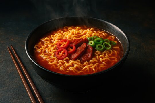 Korean Spicy Instant Noodles Ramyeon (라면) with Sausage


