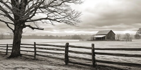 Black and White Barn with Tree