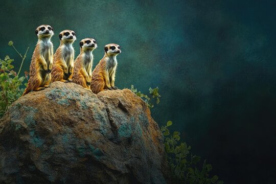 Four meerkats stand alert on a rock, showcasing their captivating vigilance in a serene natural setting.