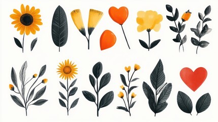 Collection of hand-drawn floral elements; sunflowers, leaves, hearts, buds in yellow and orange tones against a white background
