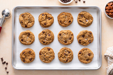 Chocolate chip cookies with pecan nuts, freshly baked cookies on a baking sheet