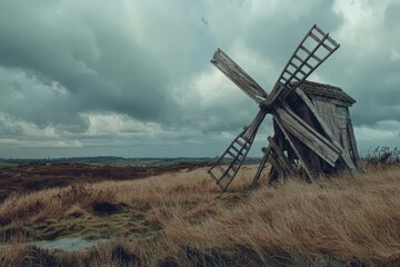 An Old Weathered Windmill Situated In A Field Under A Cloudy Sky