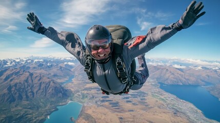 Adventure seekers skydiving over breathtaking scenery 