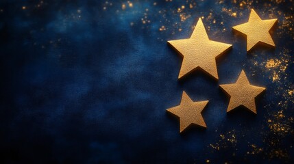 Fototapeta premium Golden stars shining on dark blue background with glitter