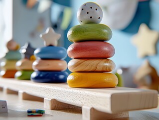 Explore a vibrant and stimulating space with our Bright kids playroom interior with wood stacking toys, promoting imaginative play Discover the joys of early childhood development in a beautifully