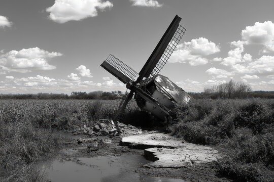 An Old And Damaged Windmill Stands Amidst A Cloudy Landscape