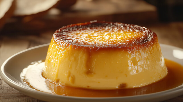 Brazilian quindim dessert served on a plate with caramel sauce  