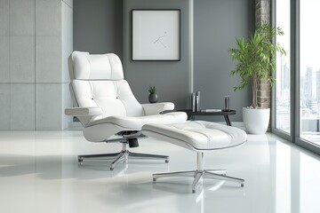 White leather lounge chair and ottoman in a modern interior with a city view from the window nearby