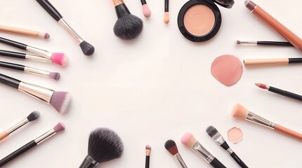 A collection of various cosmetic products including lipsticks, eyeshadows, and brushes displayed on a white background, product, makeup