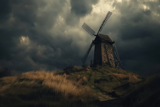 The old weathered windmill on a grassy hillside with dark clouds