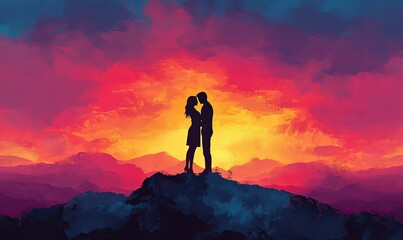 Obraz premium Silhouette of couple embracing on a mountain peak with a vibrant sunset and colorful cloudy sky above them