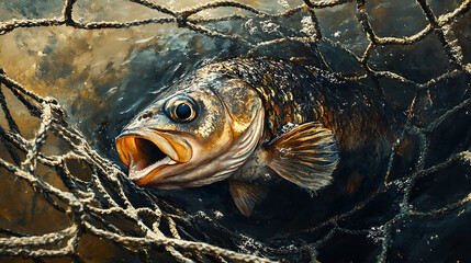Fish struggling in net just above water surface, coin visible inside open mouth, early dawn light reflecting on wet textures, photoreal cinematic styleHighly detailed, cinematic composition,