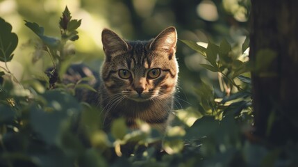 Alert Tabby Cat Sits Amongst Lush Green Leaves in Shady Garden, Captivating Gaze, Wild Cat, Wildlife