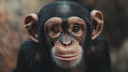 Portrait of a Chimpanzee with Wrinkled Skin, Brown Eyes, and Expressive Face, Looking Directly at the Camera