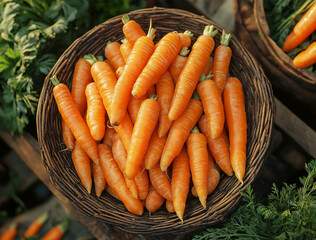 Top View of a Basket of Carrots on a Wooden Table High-Resolution Flat Lay Photography for Product Design, Advertising, and Stock Imagery with a Natural and Rustic Aesthetic
