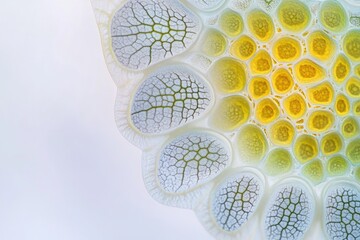 Microscopic image showcasing intricate cellular structures, exhibiting a gradient of colors from pale to vibrant yellow.