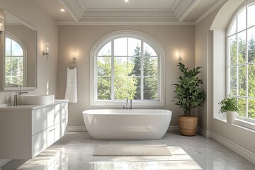 Fototapeta premium A bright and airy bathroom with a large window, bathtub, vanity, and indoor plants in neutral tones