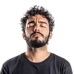 Fototapeta premium Tired Man with Closed Eyes and Slouched Posture Isolated on Transparent Background