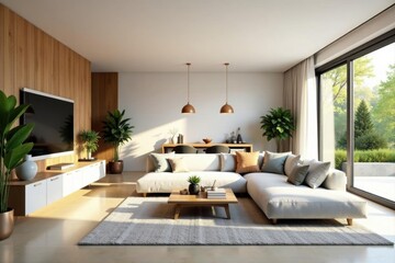 Fototapeta premium Bright, airy living room with integrated kitchen featuring stylish cabinetry and modern appliances , furniture, white, comfortable