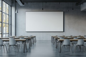Empty classroom with rows of desks and chairs facing a large blank white projection screen on a gray wall