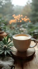 Cup of creamy coffee on wooden coaster with cannabis leaf decoration, soft bokeh lights in background, moody atmospheric morning composition on rustic table.